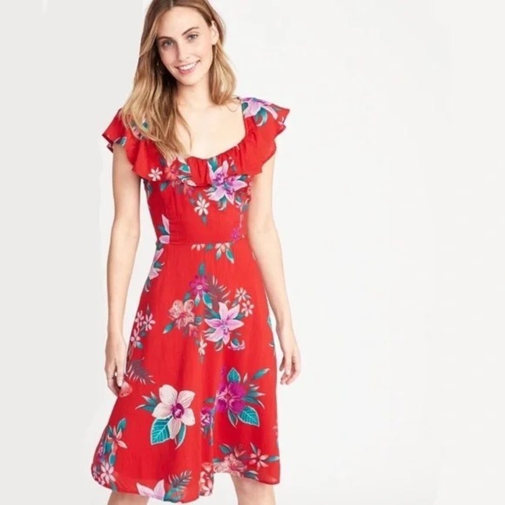 Old Navy Red Floral Flutter Sleeve Smocked Midi Dress XL Tall 412538-01